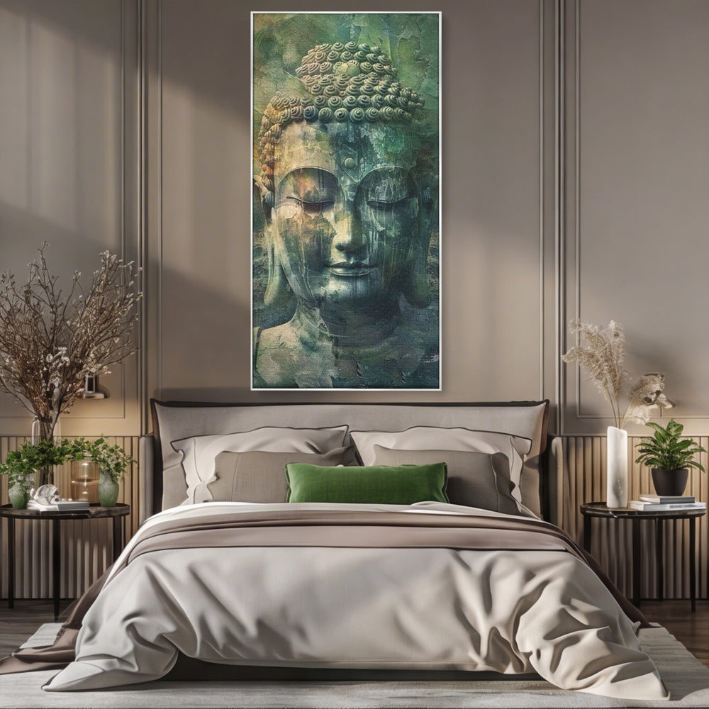 Tablou canvas cu tablou canvas cu chipul lui buddha, in rama de aluminiu argintiu, pe perete intr-un dormitor